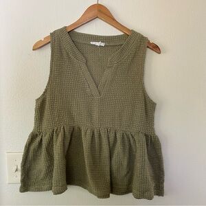 Olive Green Sleeveless Peplum Top waffle knit